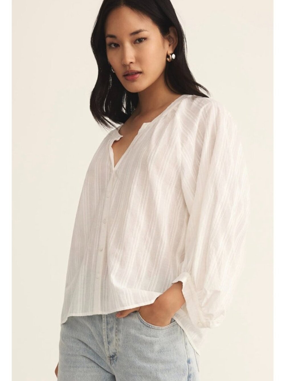 Z SUPPLY Solid White "Wren" Collarless Button-Up 3/4 Sleeve Women's Blouse XS